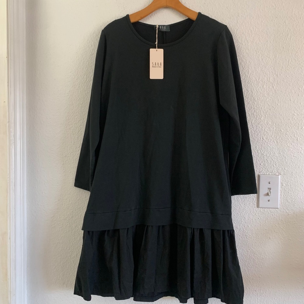 SAGA Italy Black Long Sleeve Ruffle Hem Tie Back Mini Dress Sustainable Made